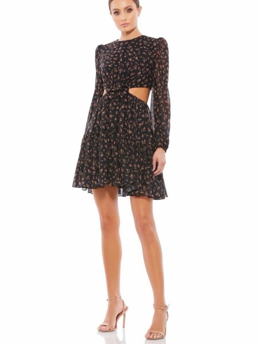 Ieena for Mac Duggal Chiffon Floral Cutout Balloon Sleeve Mini Dress 4 NWT New